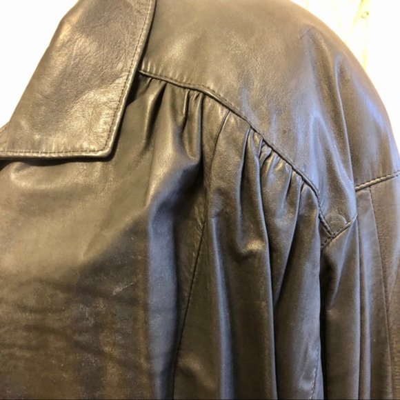 VINTAGE 80s Leather Jacket Black Bomber Oversized Batwing Sleeve Comint Large - Picture 3 of 16